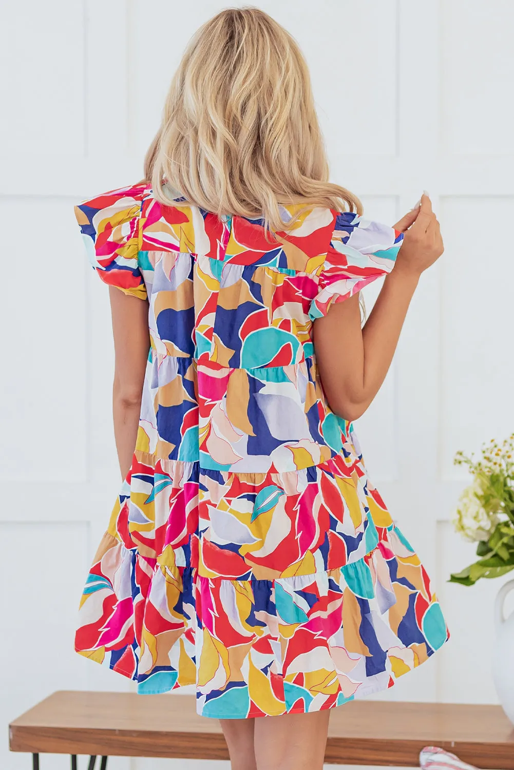 Abstract Flutter Sleeve Tiered Mini Dress