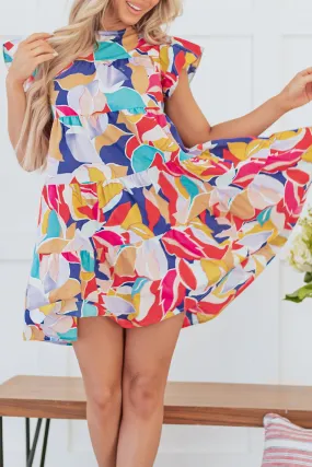 Abstract Flutter Sleeve Tiered Mini Dress