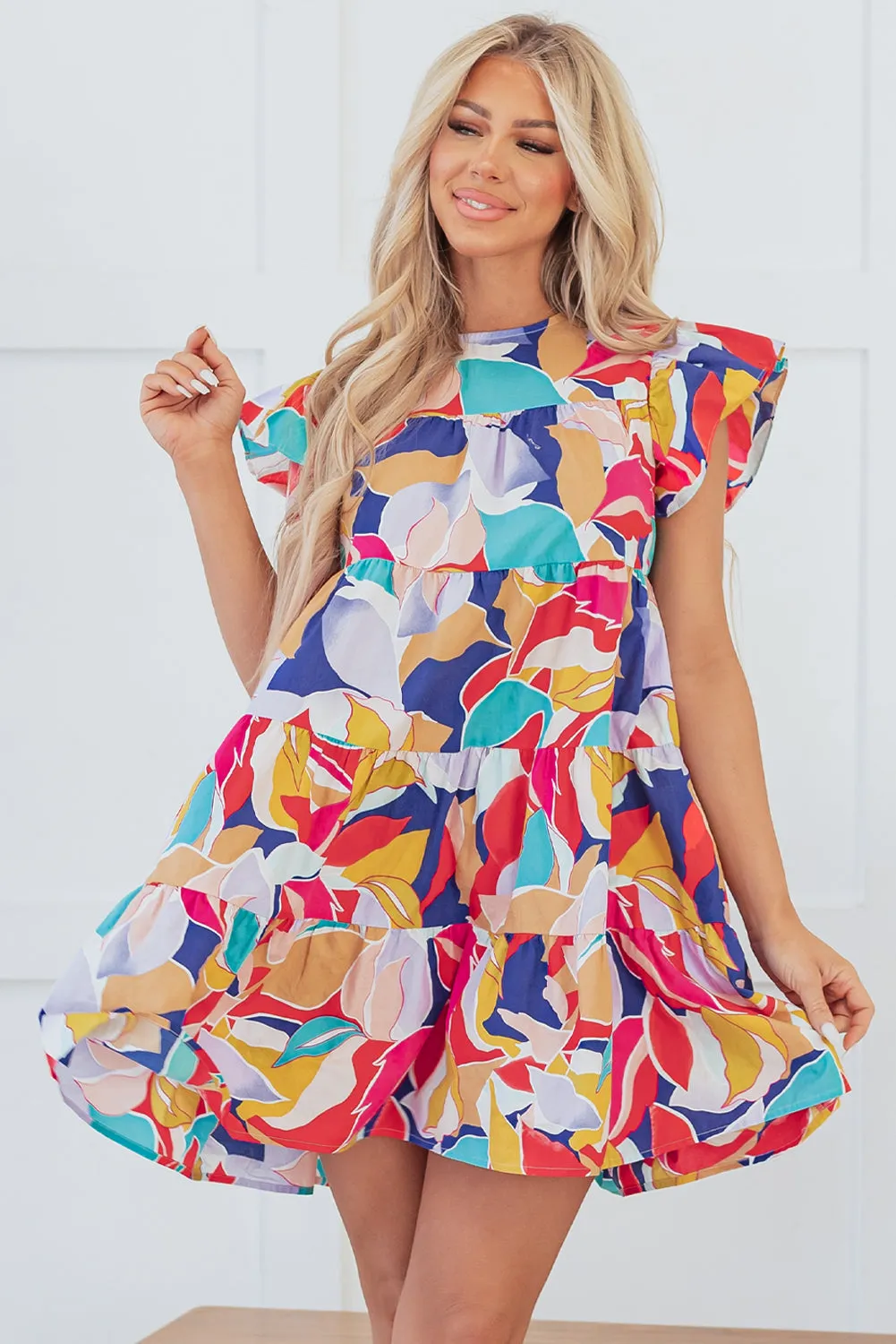 Abstract Flutter Sleeve Tiered Mini Dress