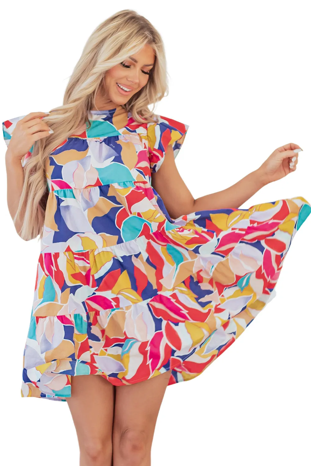 Abstract Flutter Sleeve Tiered Mini Dress