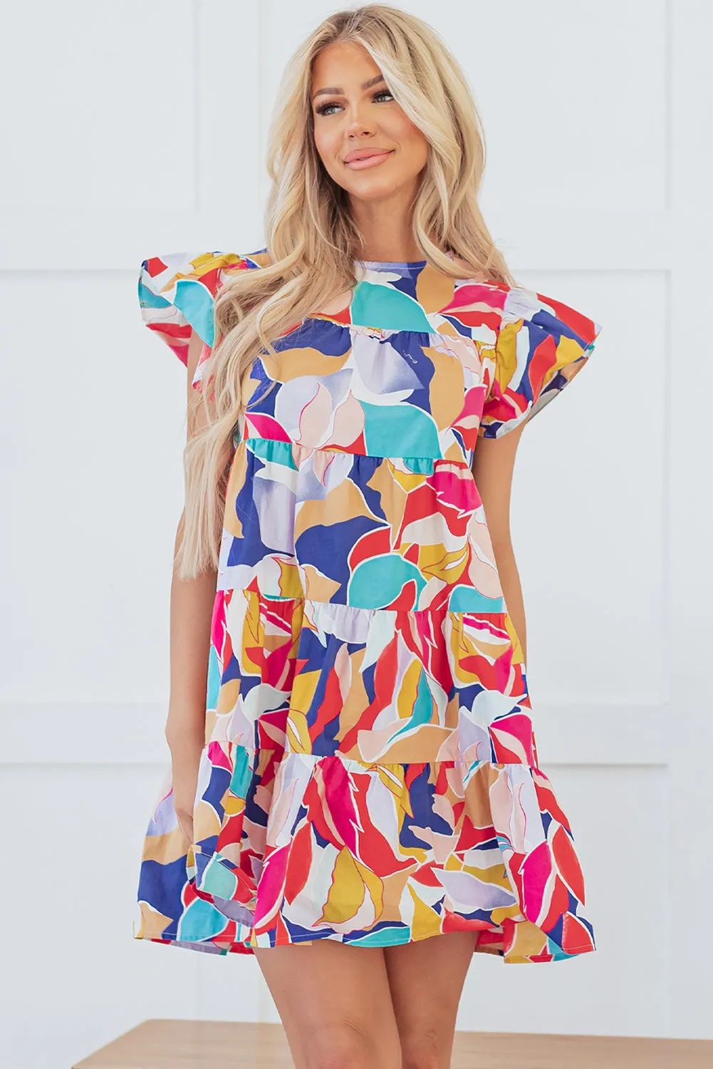 Abstract Flutter Sleeve Tiered Mini Dress