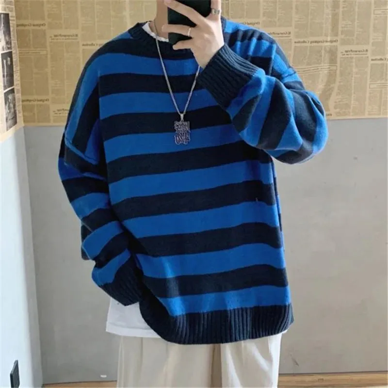 Aidase Winter Knitted Sweater Men Striped Sweaters O-Neck Pullover Male Harajuku Oversized Sweaters Women Couple Hop Jumper 2024