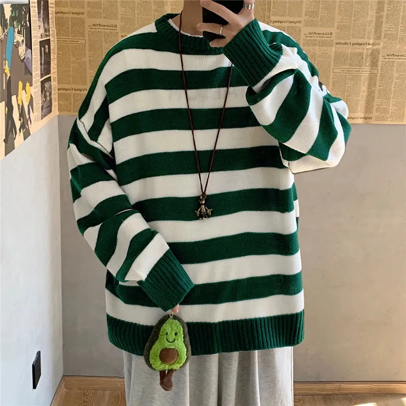 Aidase Winter Knitted Sweater Men Striped Sweaters O-Neck Pullover Male Harajuku Oversized Sweaters Women Couple Hop Jumper 2024