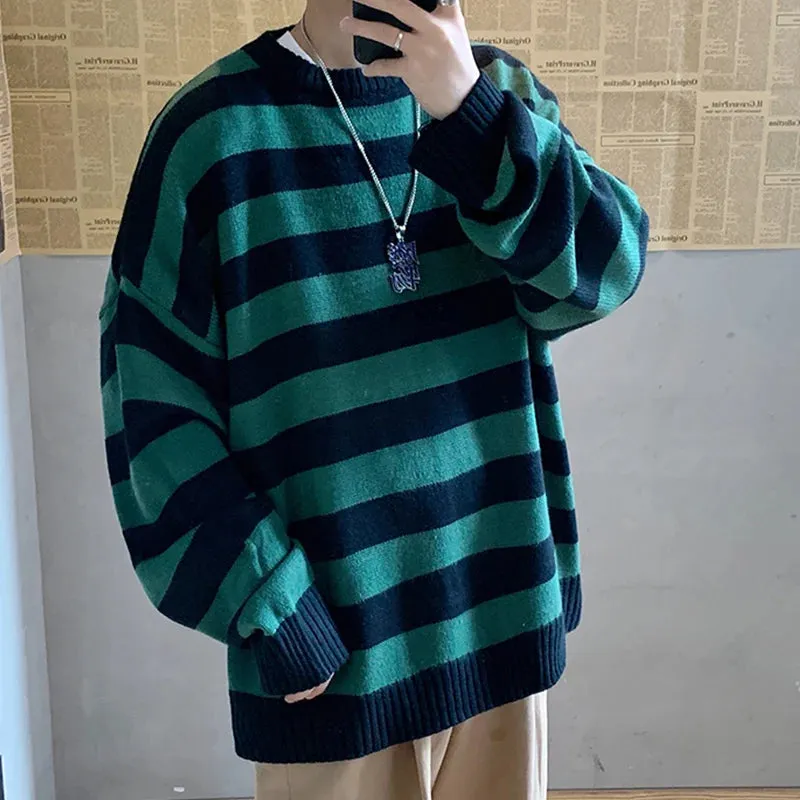 Aidase Winter Knitted Sweater Men Striped Sweaters O-Neck Pullover Male Harajuku Oversized Sweaters Women Couple Hop Jumper 2024