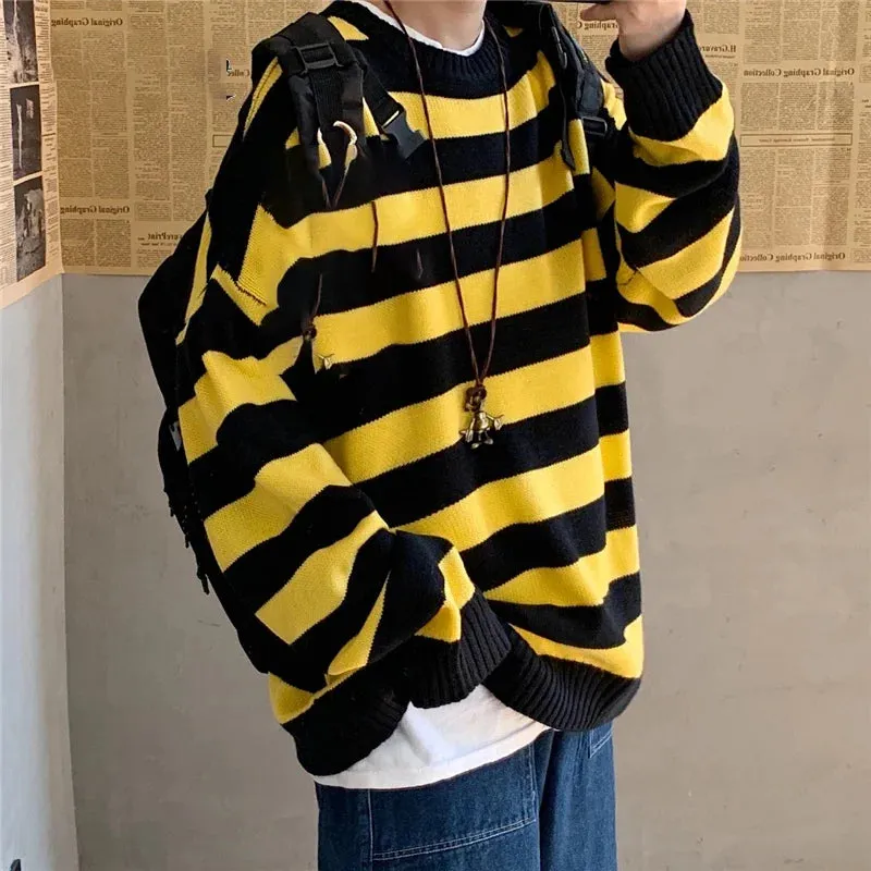 Aidase Winter Knitted Sweater Men Striped Sweaters O-Neck Pullover Male Harajuku Oversized Sweaters Women Couple Hop Jumper 2024