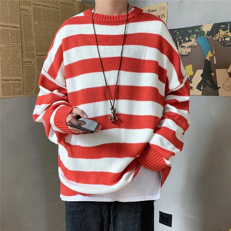 Aidase Winter Knitted Sweater Men Striped Sweaters O-Neck Pullover Male Harajuku Oversized Sweaters Women Couple Hop Jumper 2024