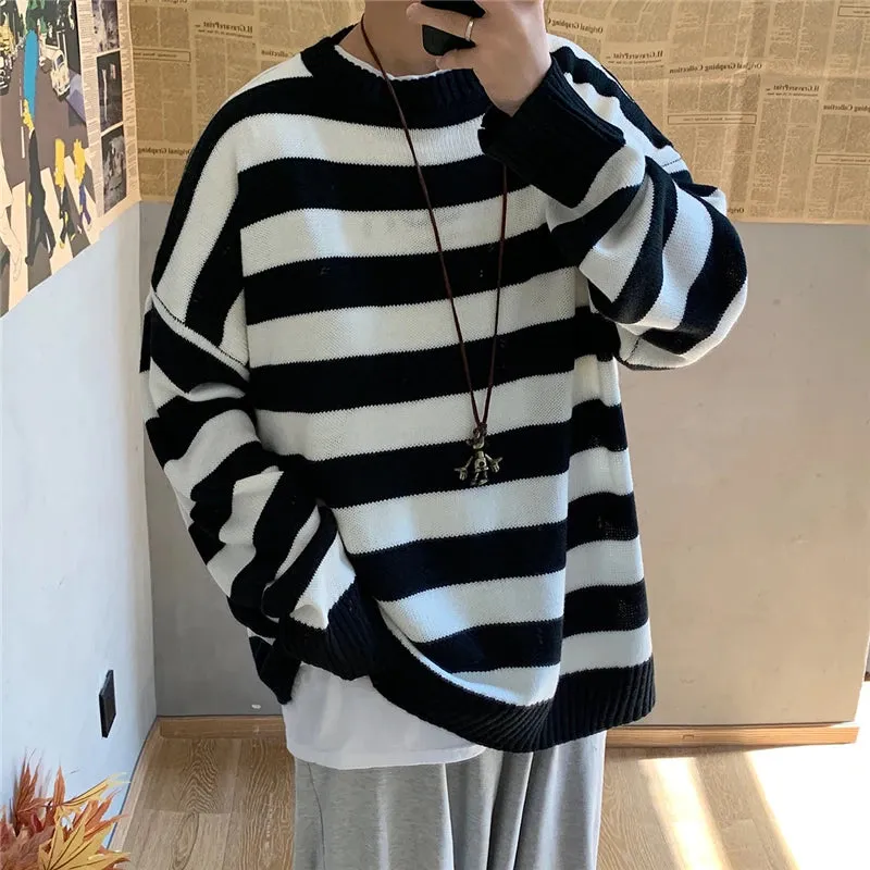 Aidase Winter Knitted Sweater Men Striped Sweaters O-Neck Pullover Male Harajuku Oversized Sweaters Women Couple Hop Jumper 2024