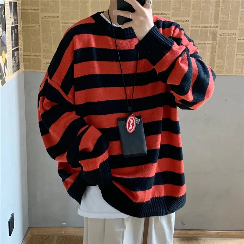 Aidase Winter Knitted Sweater Men Striped Sweaters O-Neck Pullover Male Harajuku Oversized Sweaters Women Couple Hop Jumper 2024