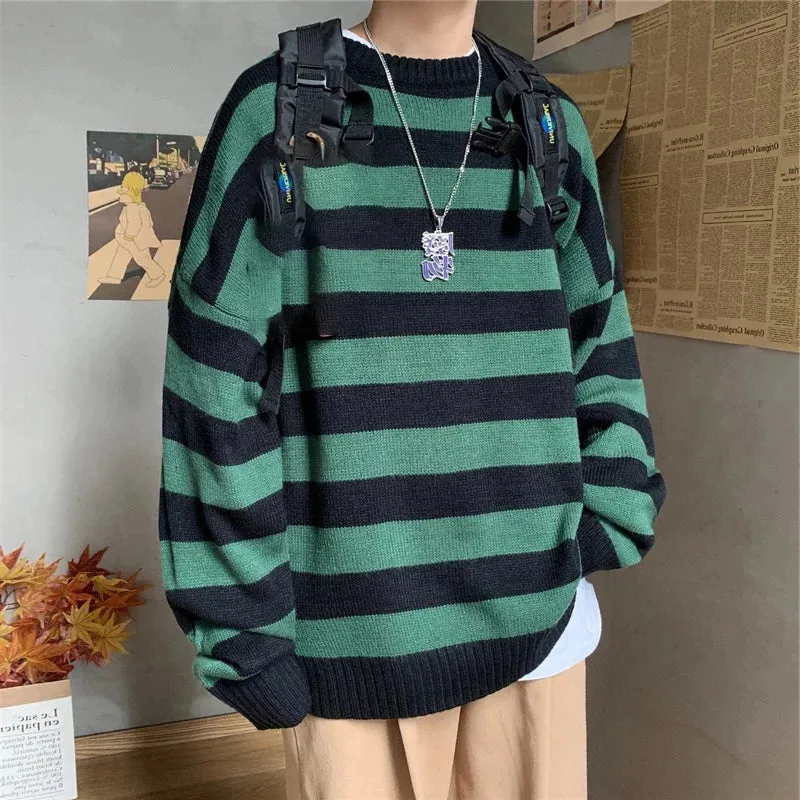 Aidase Winter Knitted Sweater Men Striped Sweaters O-Neck Pullover Male Harajuku Oversized Sweaters Women Couple Hop Jumper 2024