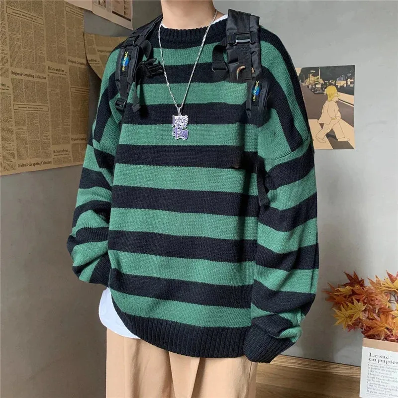 Aidase Winter Knitted Sweater Men Striped Sweaters O-Neck Pullover Male Harajuku Oversized Sweaters Women Couple Hop Jumper 2024