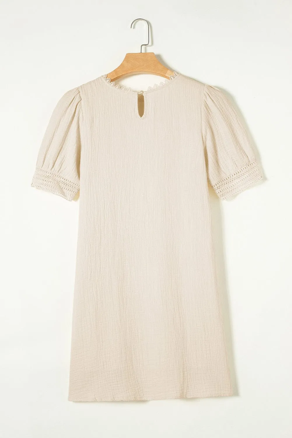 Beige Lace Trim Shift Mini Dress with Puff Sleeves