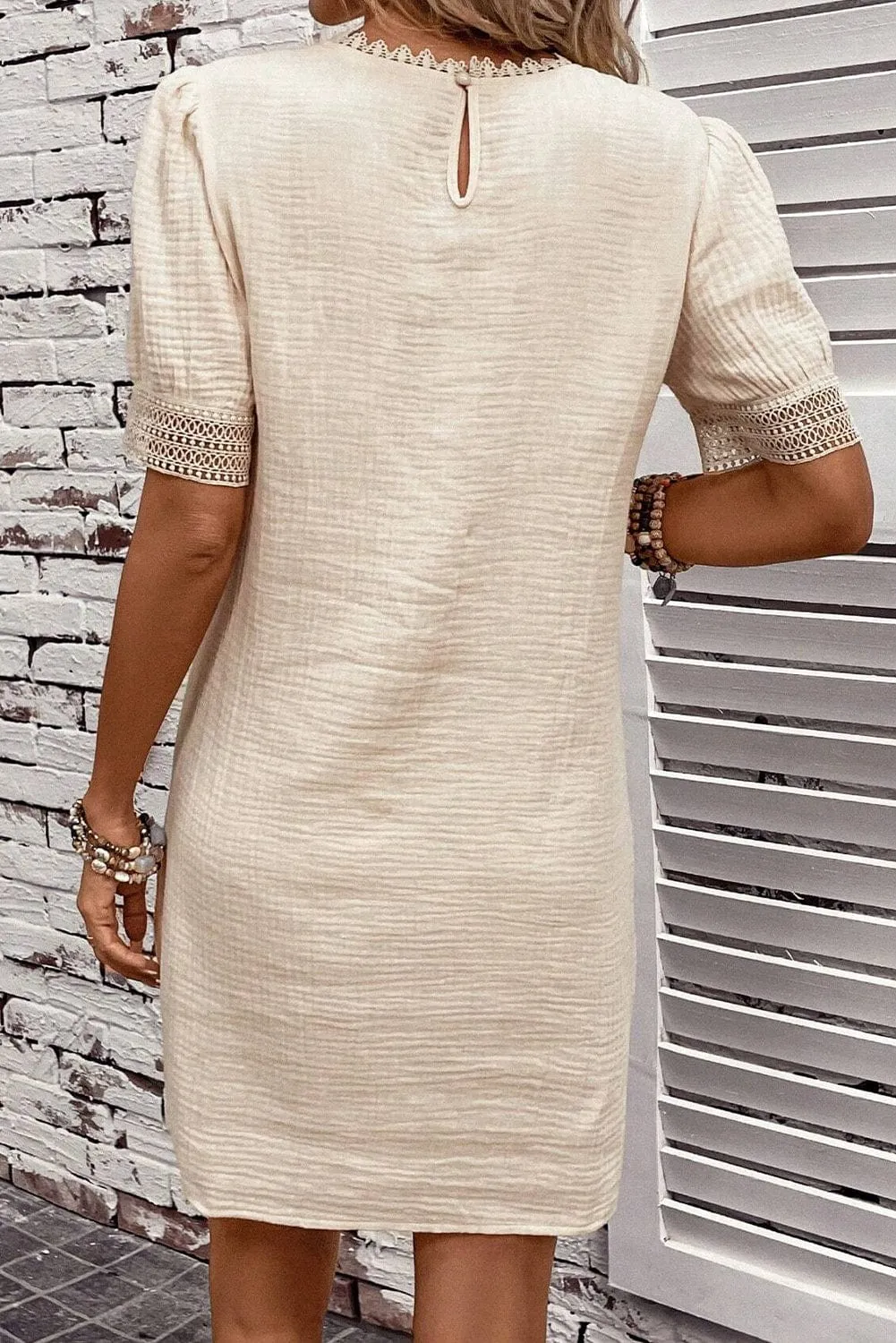 Beige Lace Trim Shift Mini Dress with Puff Sleeves