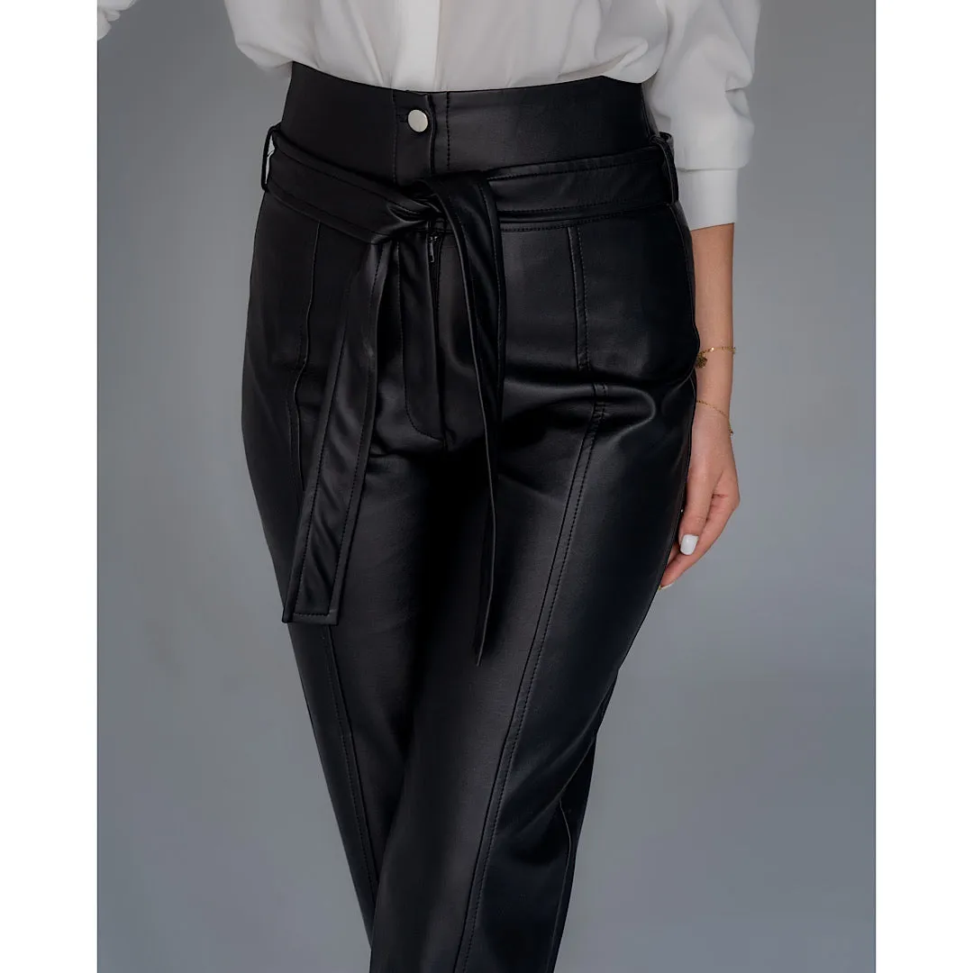 Black leather tapered pants