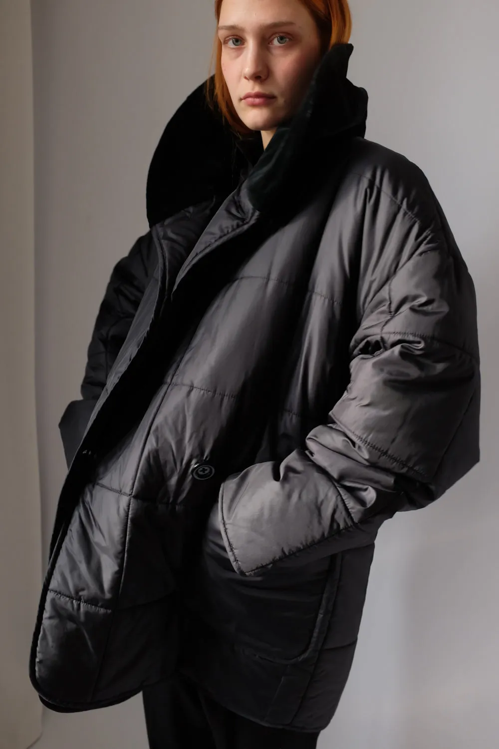 BLACK VELVET BIG COLLAR QUILTED JACKET