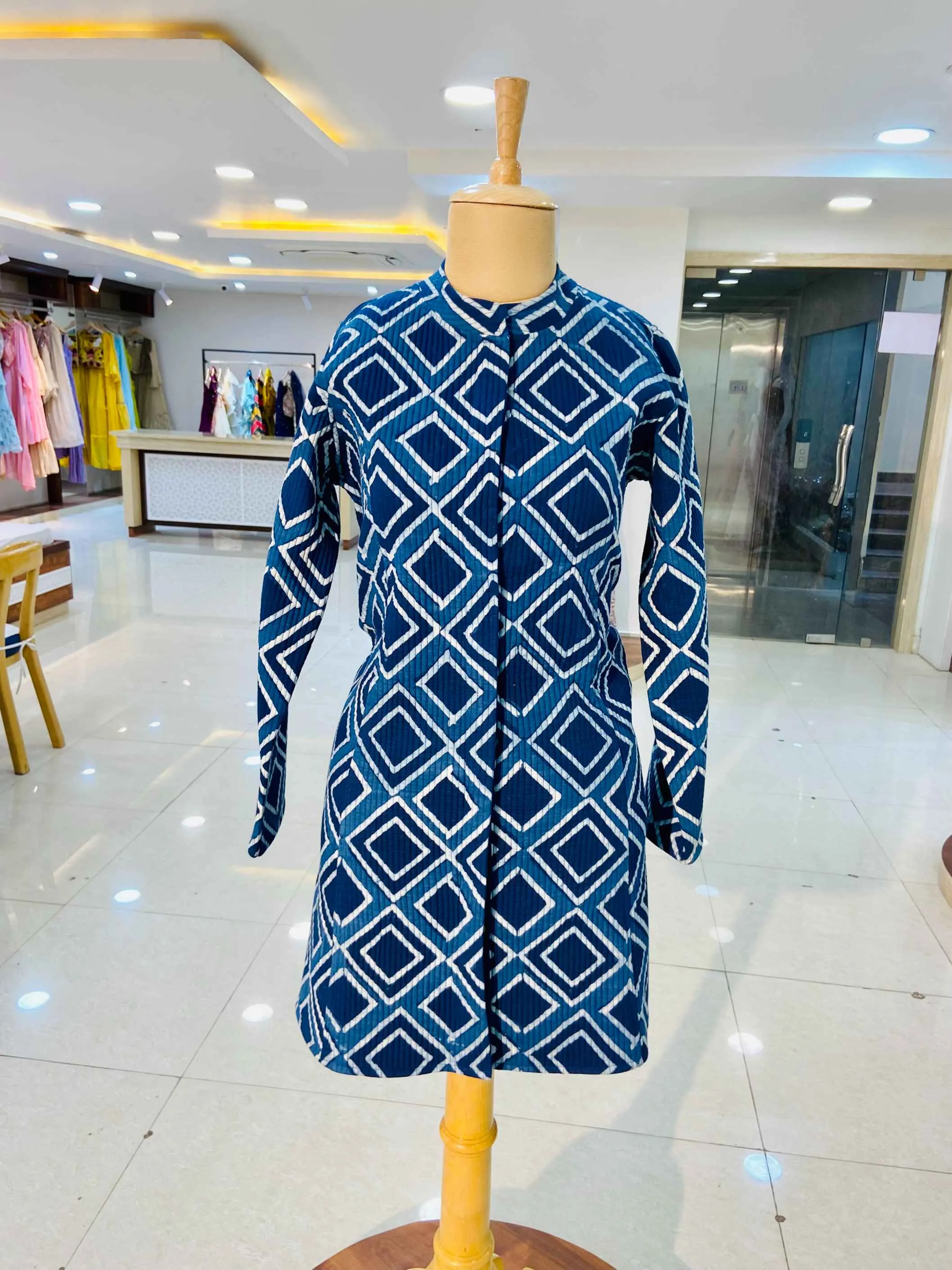 Blue Dabu Printed Long 100% Cotton Quilted Jacket