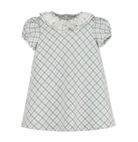 Blue Gray Plaid Shift Infant Dress with Ruffle Collar