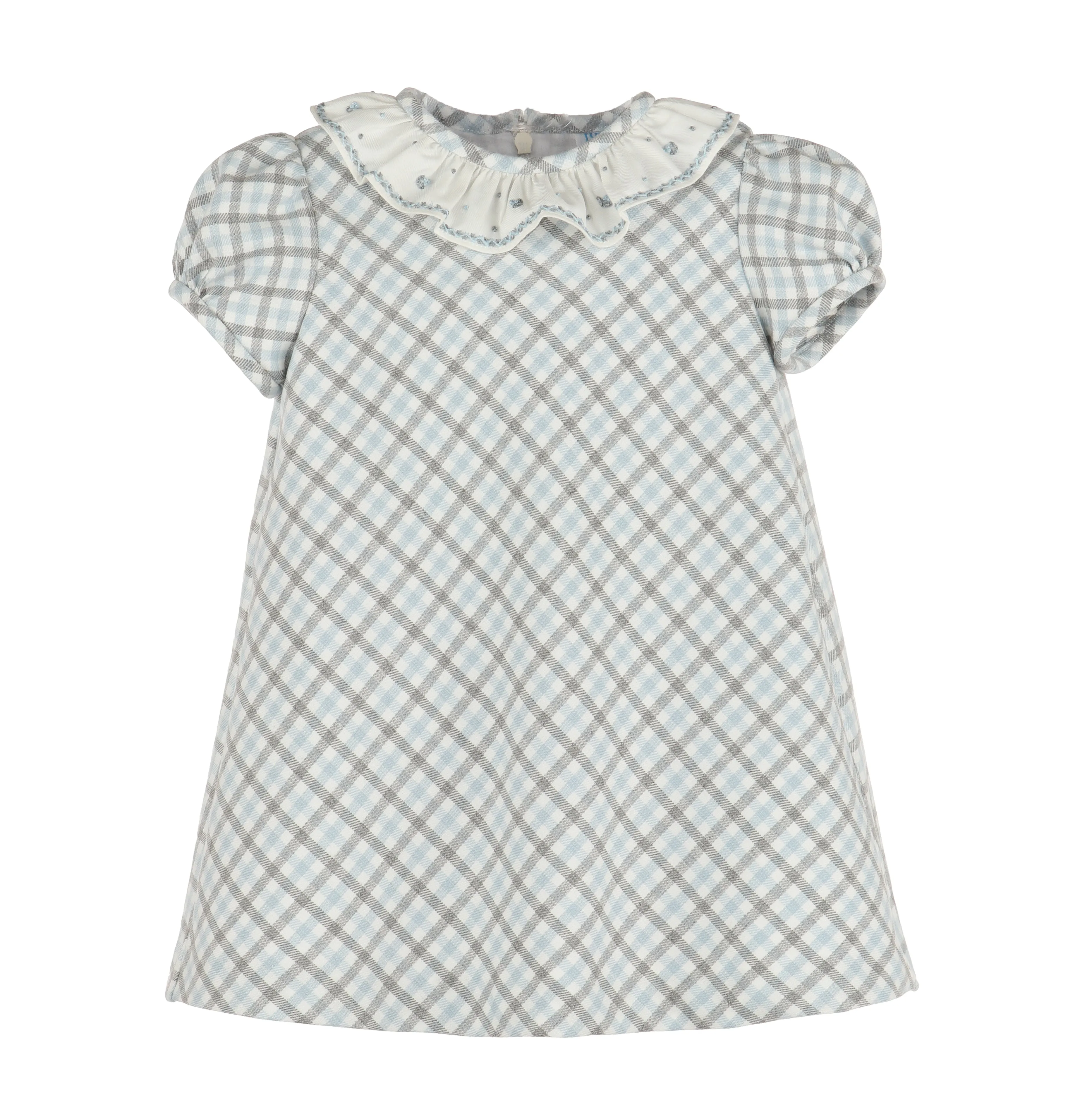 Blue Gray Plaid Shift Infant Dress with Ruffle Collar