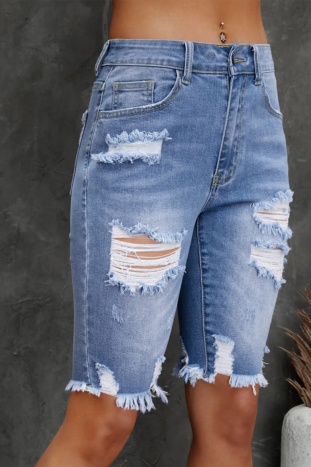 Blue Raw Hem Denim Jorts with Distressed Details, Mid-Stretch Slash Pockets Bermuda Denim Shorts, Women's Denim Jeans & Apparel