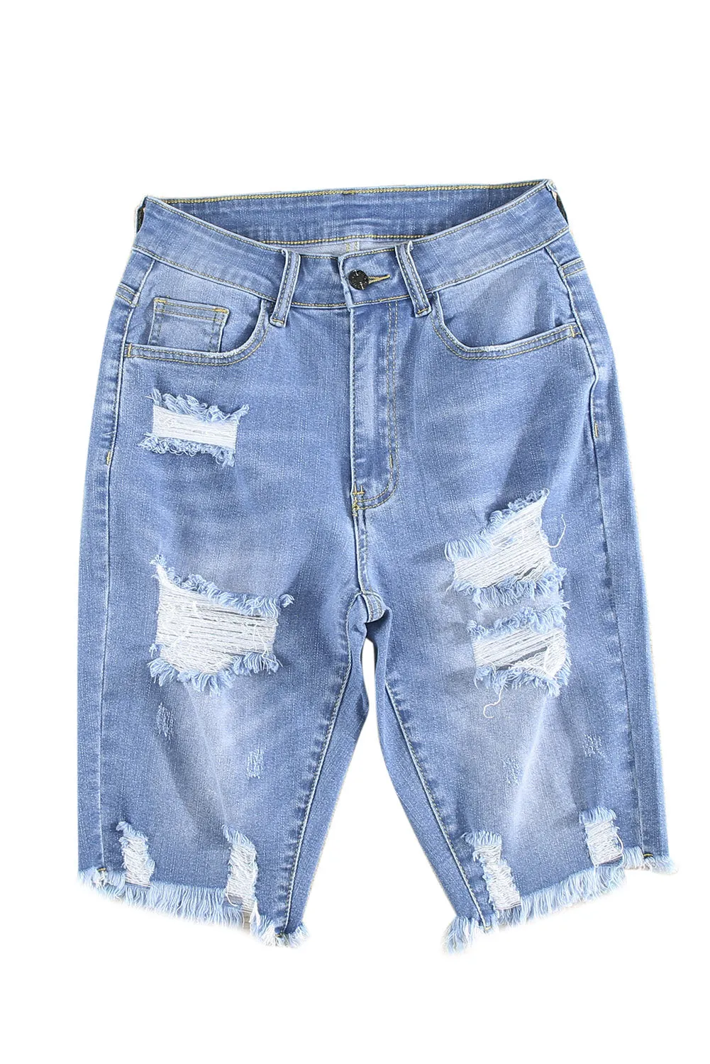 Blue Raw Hem Denim Jorts with Distressed Details, Mid-Stretch Slash Pockets Bermuda Denim Shorts, Women's Denim Jeans & Apparel