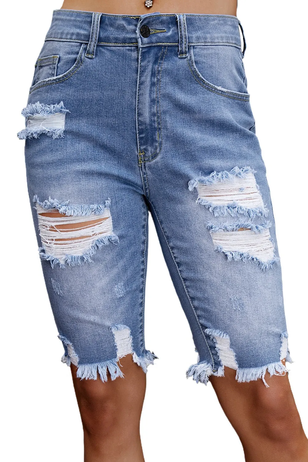 Blue Raw Hem Denim Jorts with Distressed Details, Mid-Stretch Slash Pockets Bermuda Denim Shorts, Women's Denim Jeans & Apparel