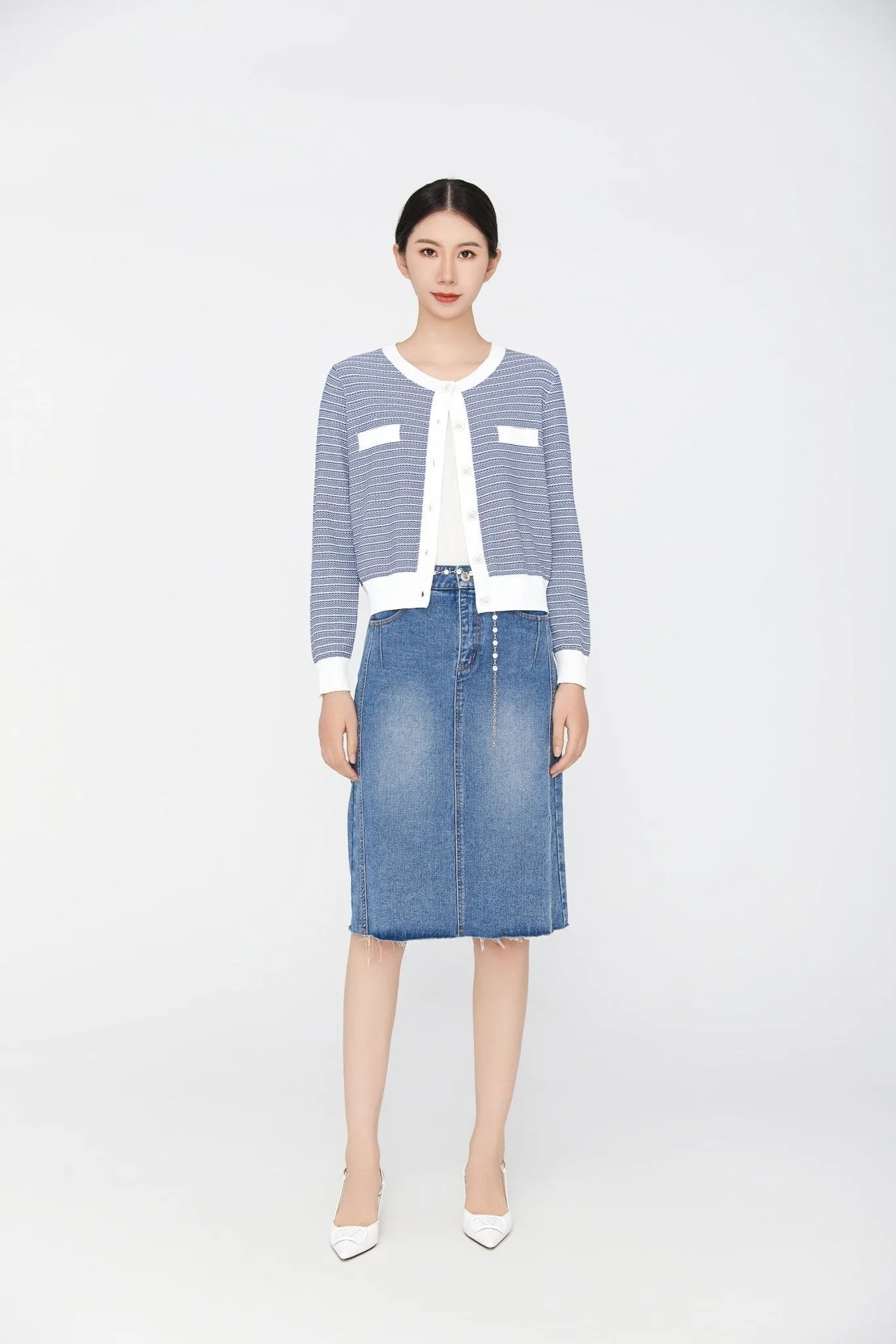 Blue Soft Knit Long Sleeve Stripe Cardigans