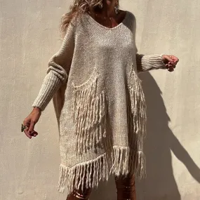 Boho Fringe Trim Patched Pocket V Neck Batwing Sleeve Oversized Pullover Sweater