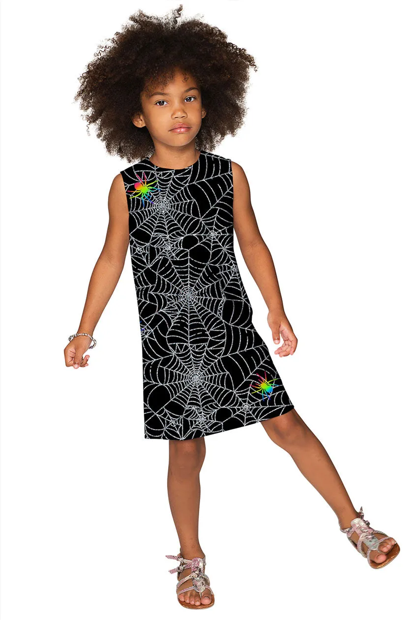 Bugs & Kisses Adele Black Goth Spider Web Printed Shift Dress - Girls