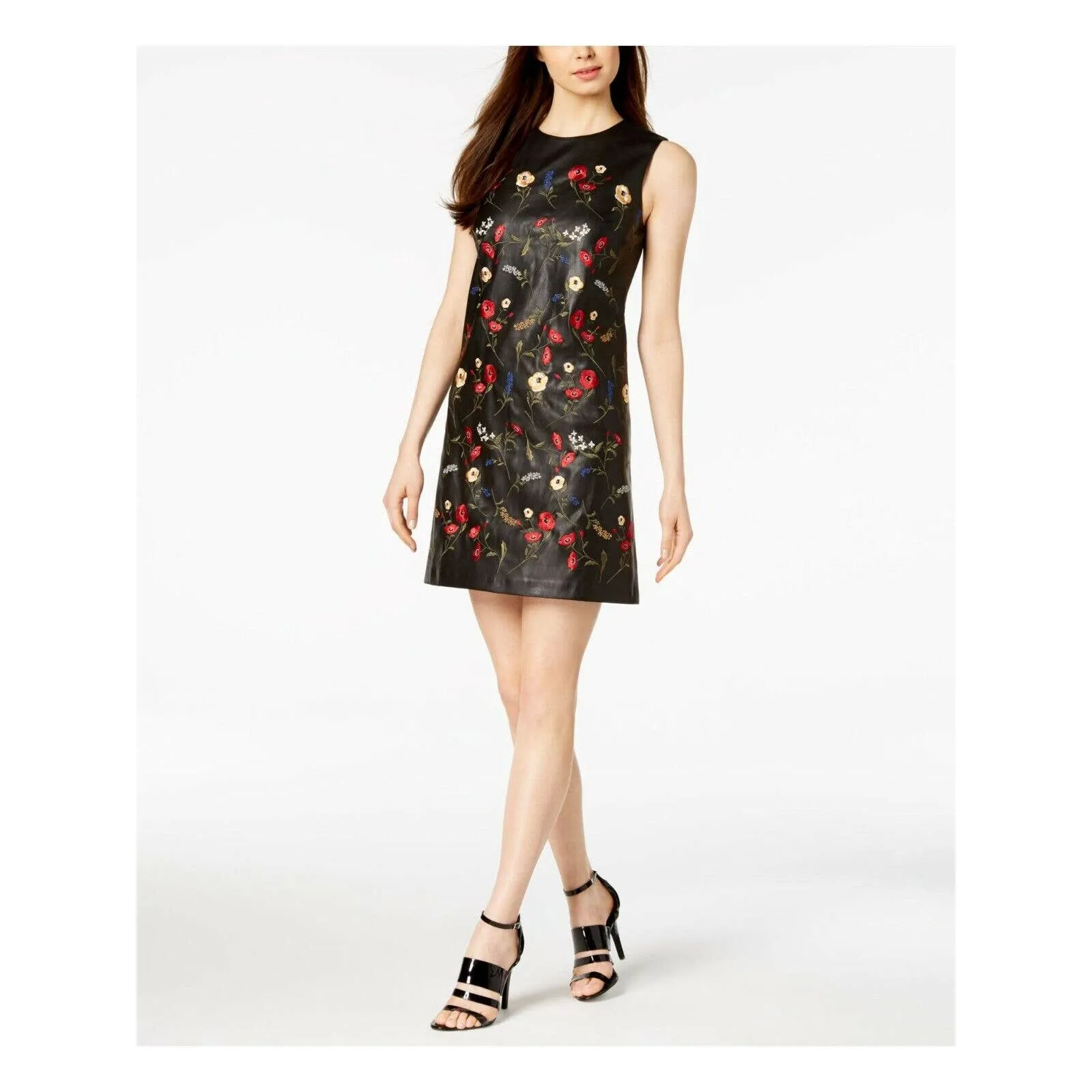 CALVIN KLEIN LADIES FAUX LEATHER EMBROIDERED SHIFT DRESS