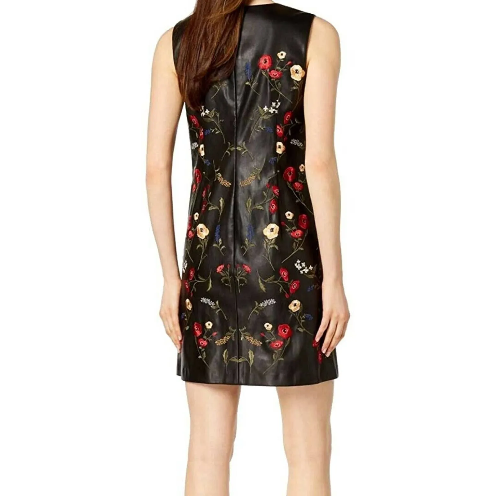 CALVIN KLEIN LADIES FAUX LEATHER EMBROIDERED SHIFT DRESS