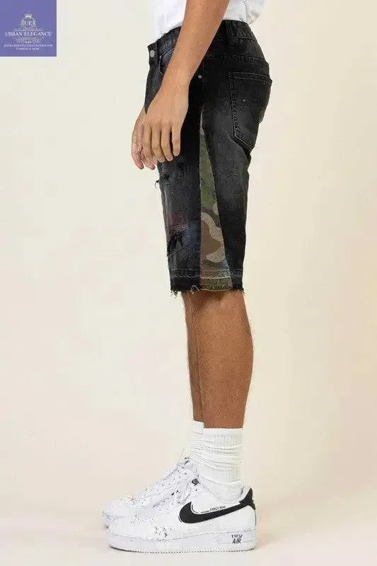 Camo Patchwork Frayed Hem Denim Shorts