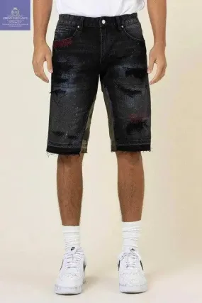 Camo Patchwork Frayed Hem Denim Shorts