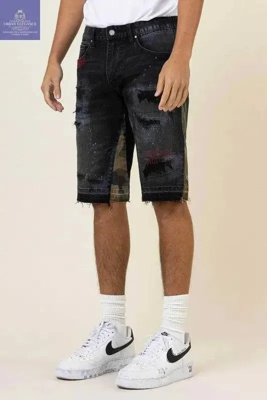 Camo Patchwork Frayed Hem Denim Shorts