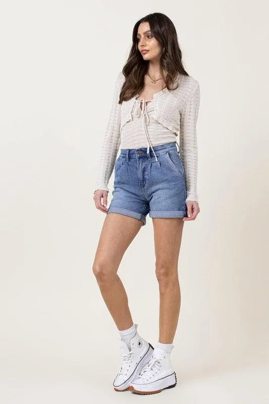 Denim Shorts W Pin Tuck Detail