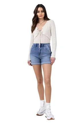 Denim Shorts W Pin Tuck Detail