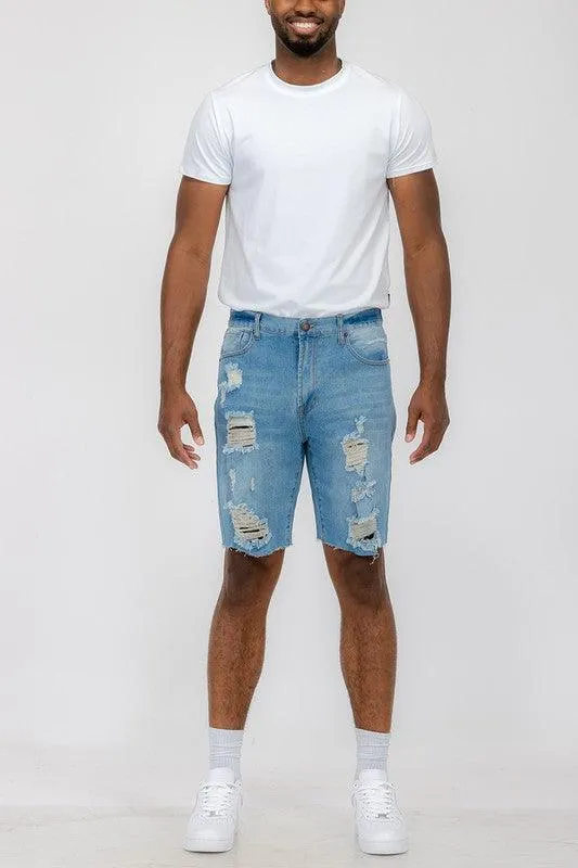 Distressed Stretch Denim Shorts For Men