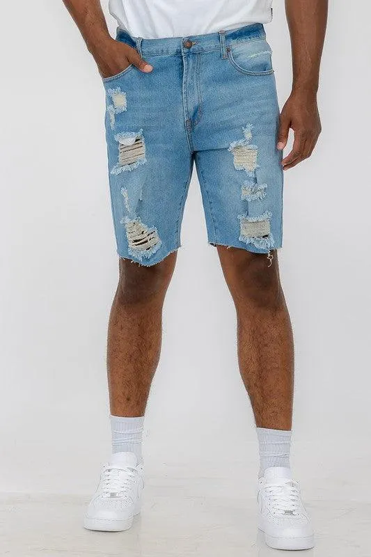 Distressed Stretch Denim Shorts For Men