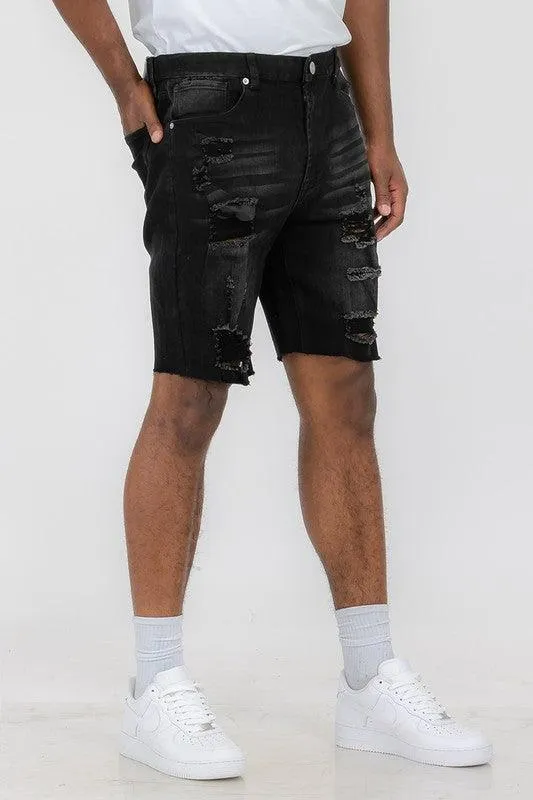 Distressed Stretch Denim Shorts For Men