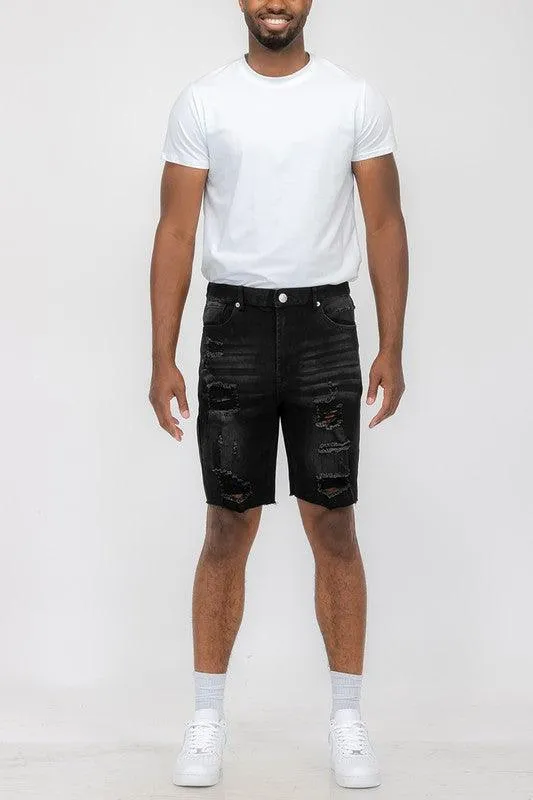 Distressed Stretch Denim Shorts For Men