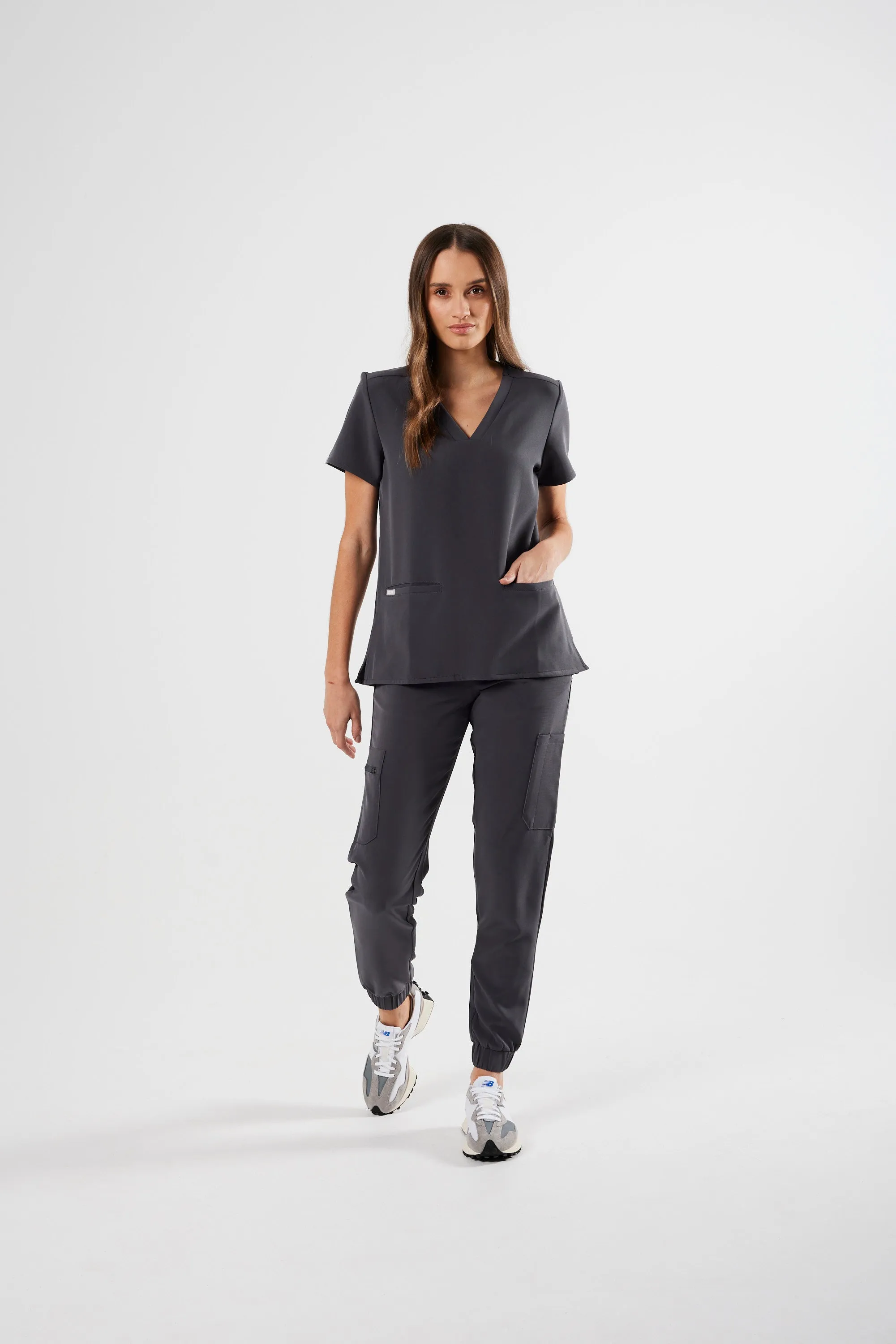 FLEX TWO-POCKET WOMEN'S SCRUB TOP (PEWTER GREY)