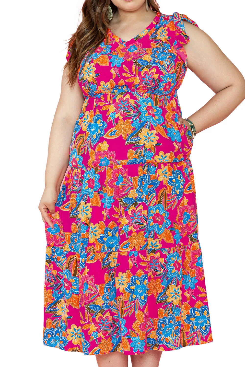 Floral Ruffled Sleeveless Plus Size Dress