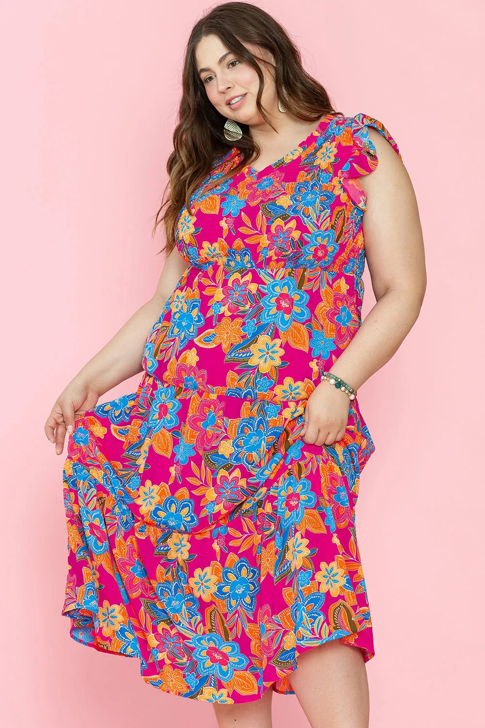 Floral Ruffled Sleeveless Plus Size Dress