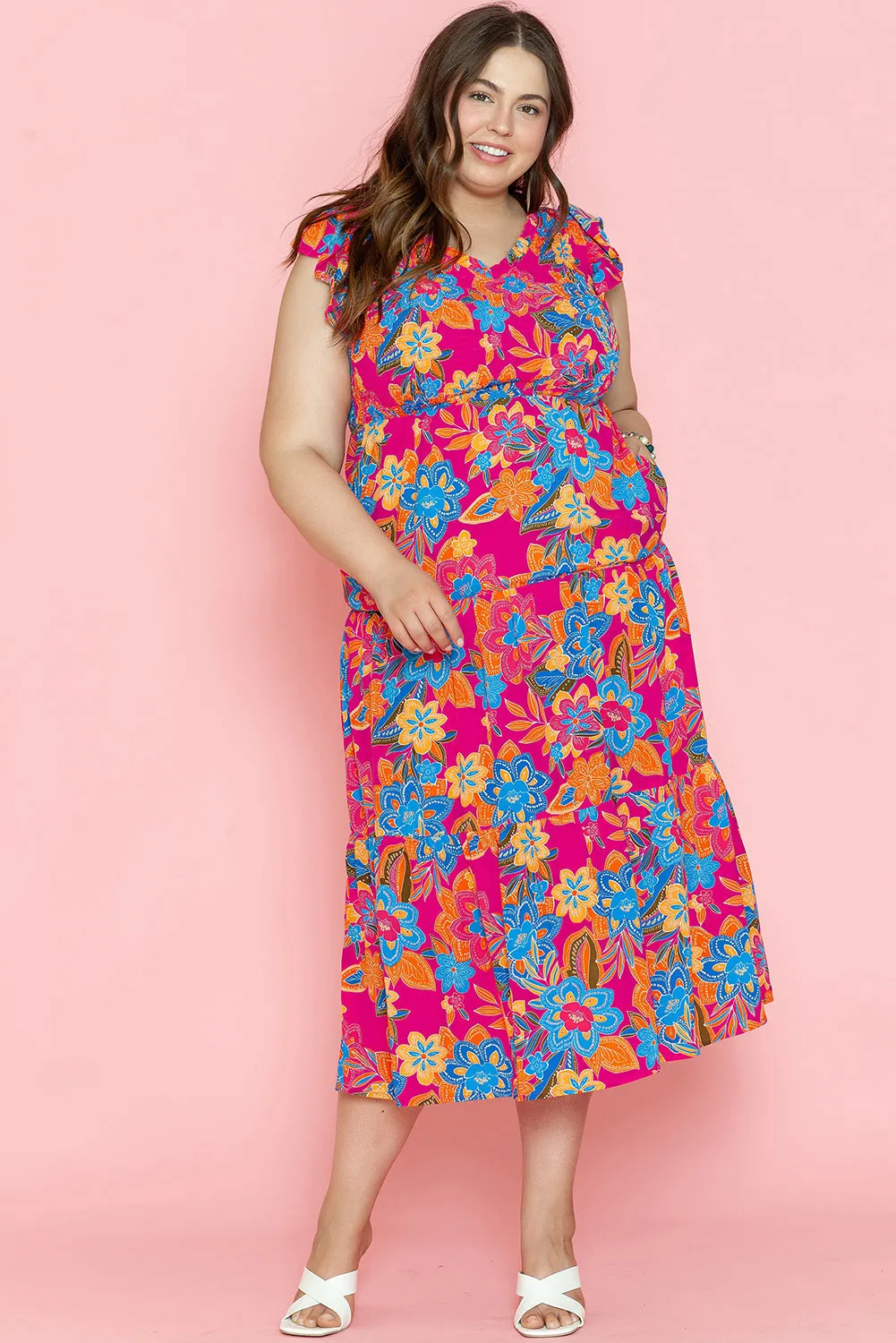 Floral Ruffled Sleeveless Plus Size Dress