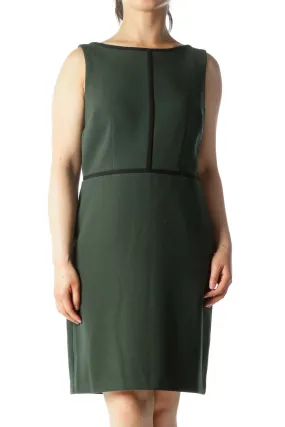 Forest Green Sleeveless Shift Dress With Navy Piping