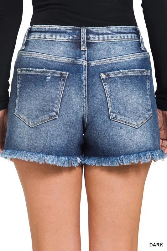 Frayed Hem Button Fly Denim Shorts - Dark Wash - Final Sale