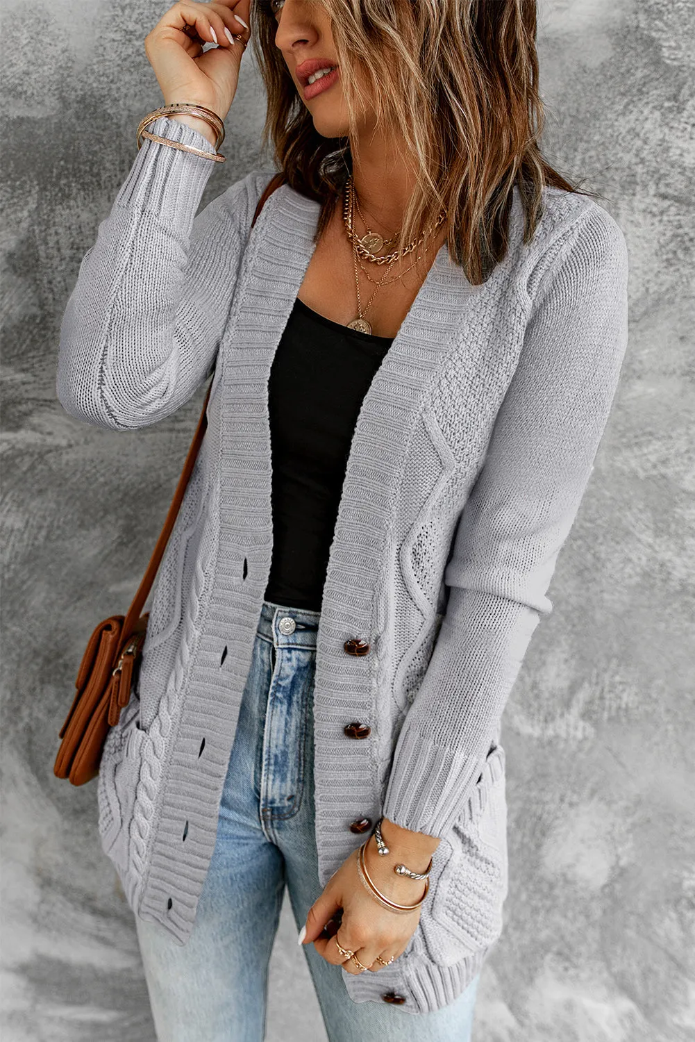 Front Pocket and Buttons Closure Cardigan