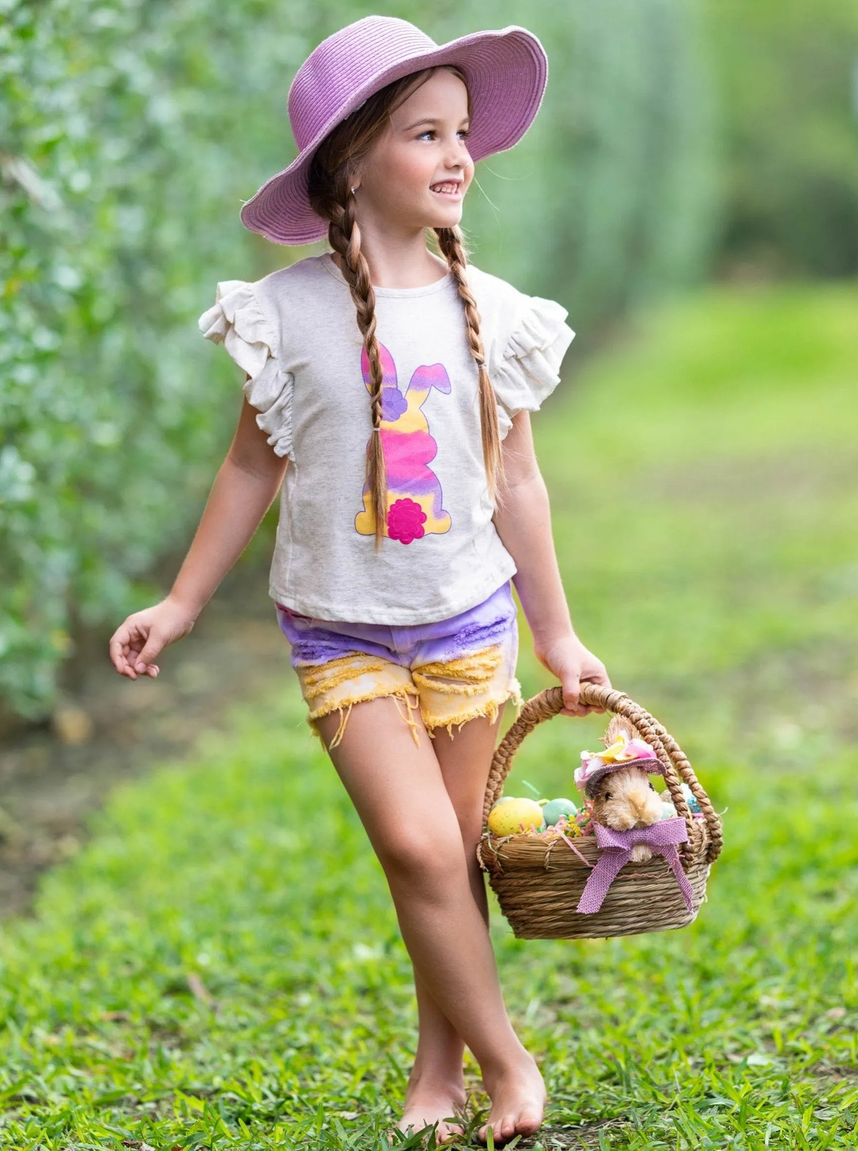 Girls Bunnies in Tie Dye Top and Denim Shorts Set