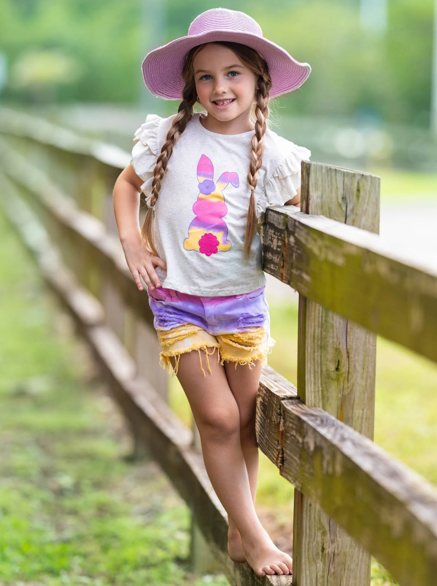 Girls Bunnies in Tie Dye Top and Denim Shorts Set