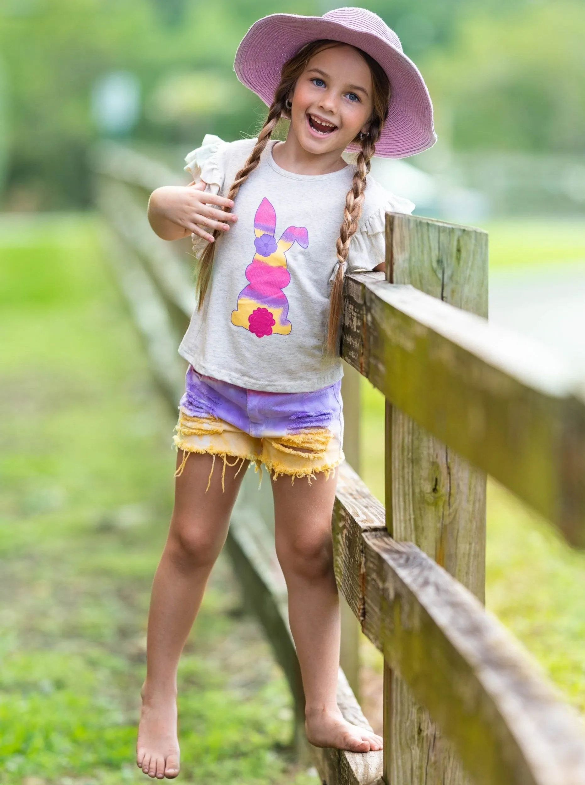 Girls Bunnies in Tie Dye Top and Denim Shorts Set