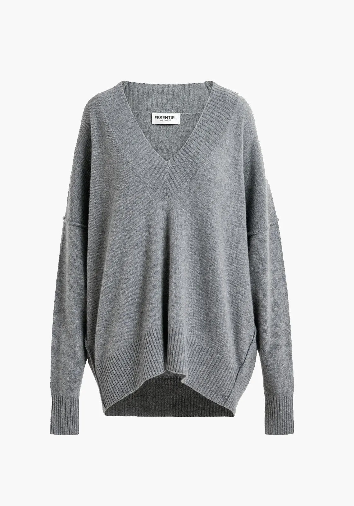 GREY OVERSIZED V-NECK KNIT SWEATER