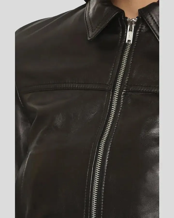 Halle Black Bomber Leather Jacket